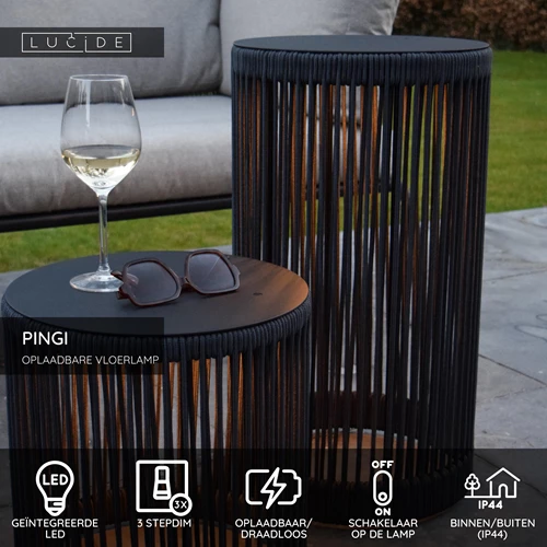 Lucide PINGI - Oplaadbare Vloerlamp Binnen/Buiten - Accu/Batterij - Ø 33,5 cm - LED 3 StepDim - 1x3W 3000K - IP44 - Zwart - USP